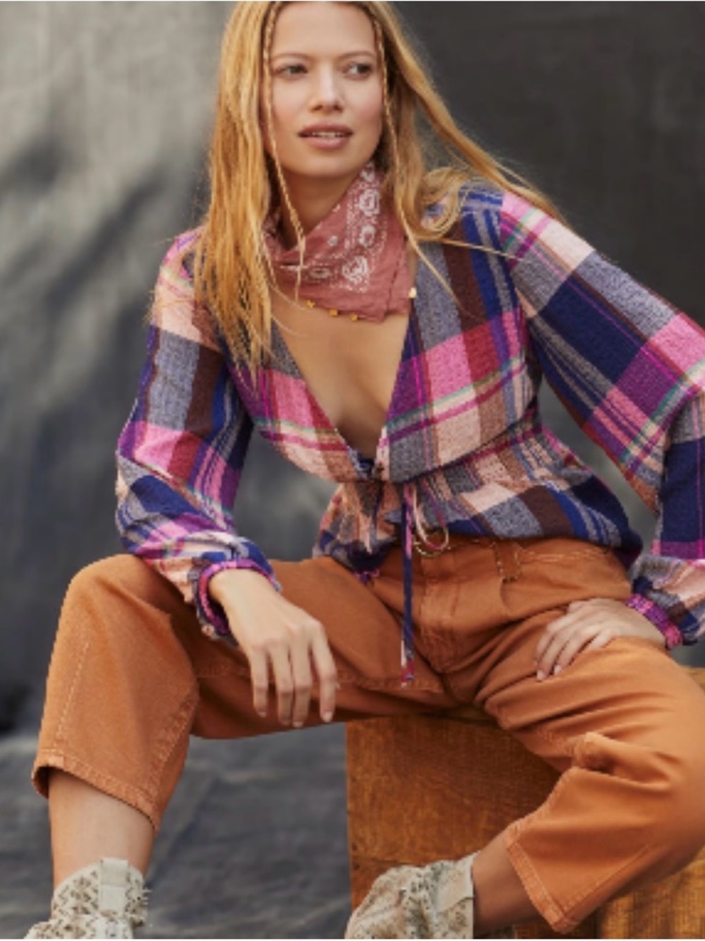 Anthropologie Plaid Peplum Tie-Front Blouse - Pink, Blue, Cream